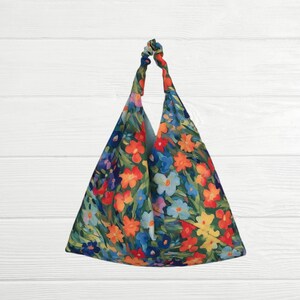 Floral JAPANESE ORIGAMI BAG, Medium Size Triangle Tote Bag, Gift for Mom, Bento Bag, Tote Bag for Women,Stylish Everyday Bag