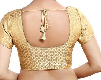 Goldene Chanderi-Seidenbluse, mit kurzen Ärmeln, Sari-Top, Sari-Bluse in allen Größen erhältlich