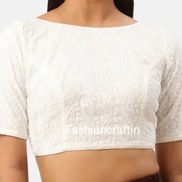 White Chikankari EMBROIDERED BLOUSE in boatneck,Elbow Sleeves, Woman Choli Blouse, Party Wear Blouse in popular colours || Free Shipping ||