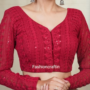 Red Chikankari EMBROIDERED BLOUSE, Front Open, Full Sleeves, Woman Choli Blouse, Party Wear Blouse, Saree Choli Blouse Free Shipping image 1