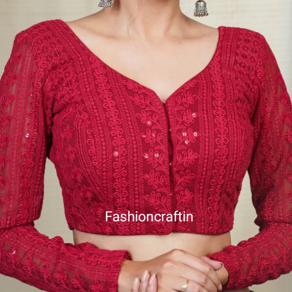Red Chikankari EMBROIDERED BLOUSE, Front Open, Full Sleeves, Woman Choli Blouse, Party Wear Blouse, Saree Choli Blouse || Free Shipping ||