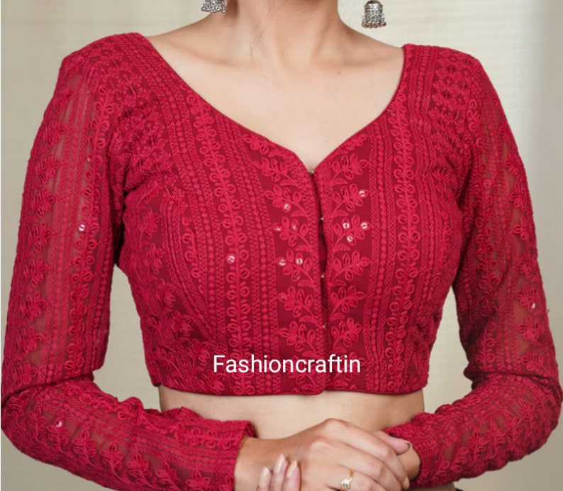 Red Chikankari EMBROIDERED BLOUSE, Front Open, Full Sleeves, Woman Choli Blouse, Party Wear Blouse, Saree Choli Blouse Free Shipping image 1