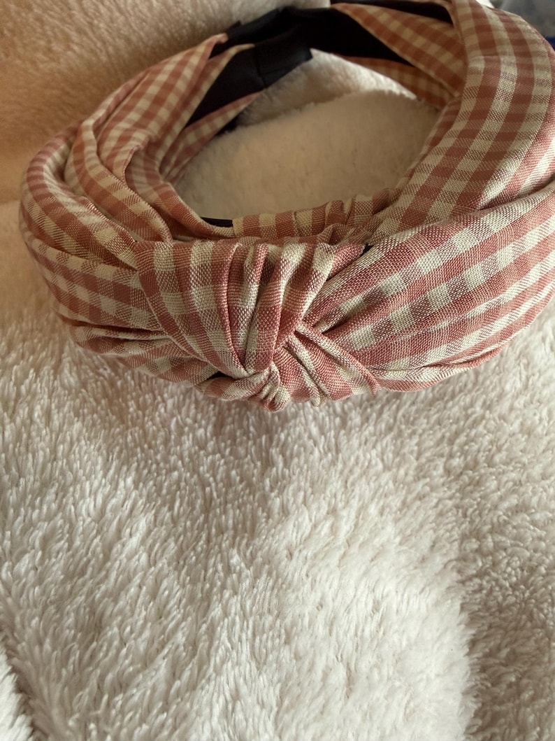 Check / gingham linen lined luxury alice bands - so stylish and very comfortable to wear Dusty Pink