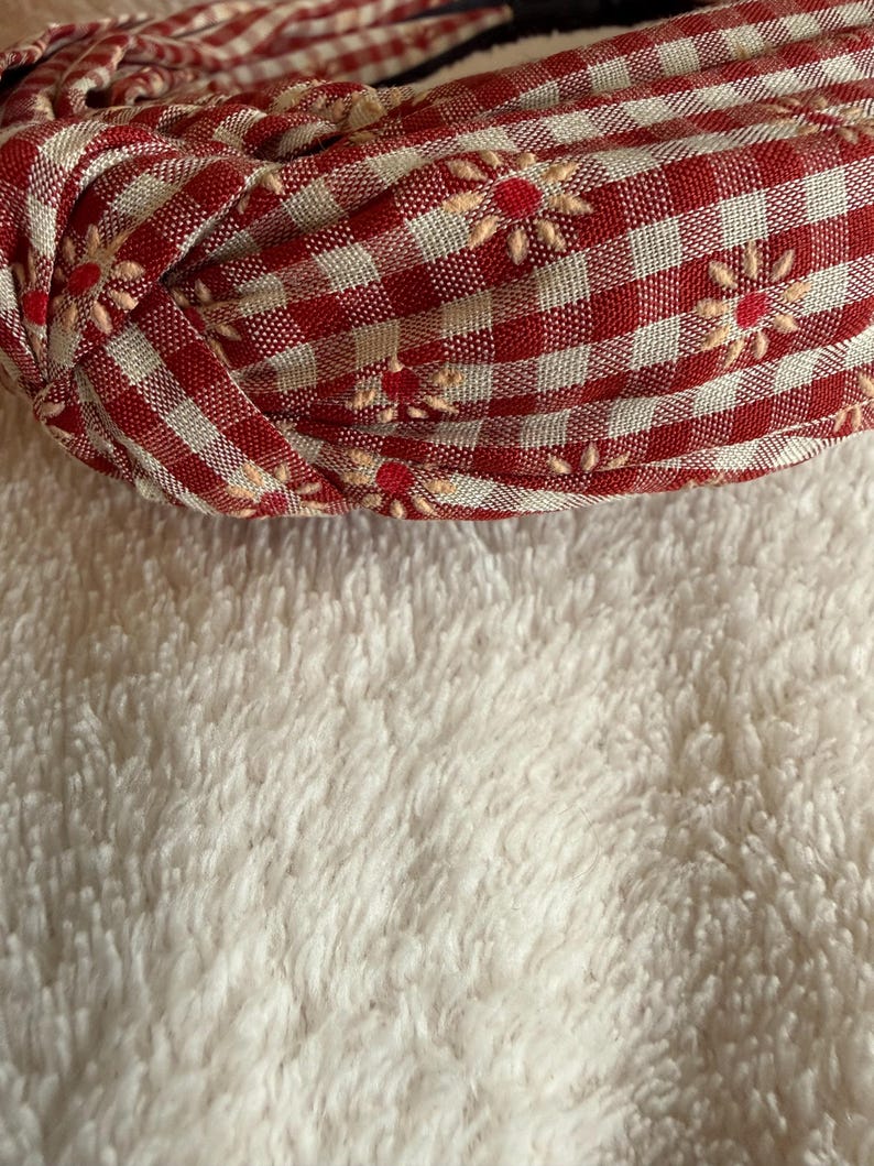 Check / gingham linen lined luxury alice bands - so stylish and very comfortable to wear Red with embroidered
