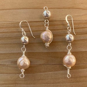 Freshwater Rose Pearl Earrings & Pendant | Sterling Silver | Classy | Dainty | Wedding