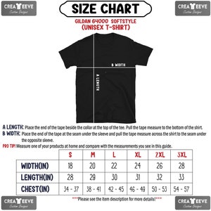 May include: Size chart for Gildan 64000 Softstyle unisex t-shirts. The chart shows measurements in inches for width, length, and chest for sizes S, M, L, XL, 2XL, and 3XL.