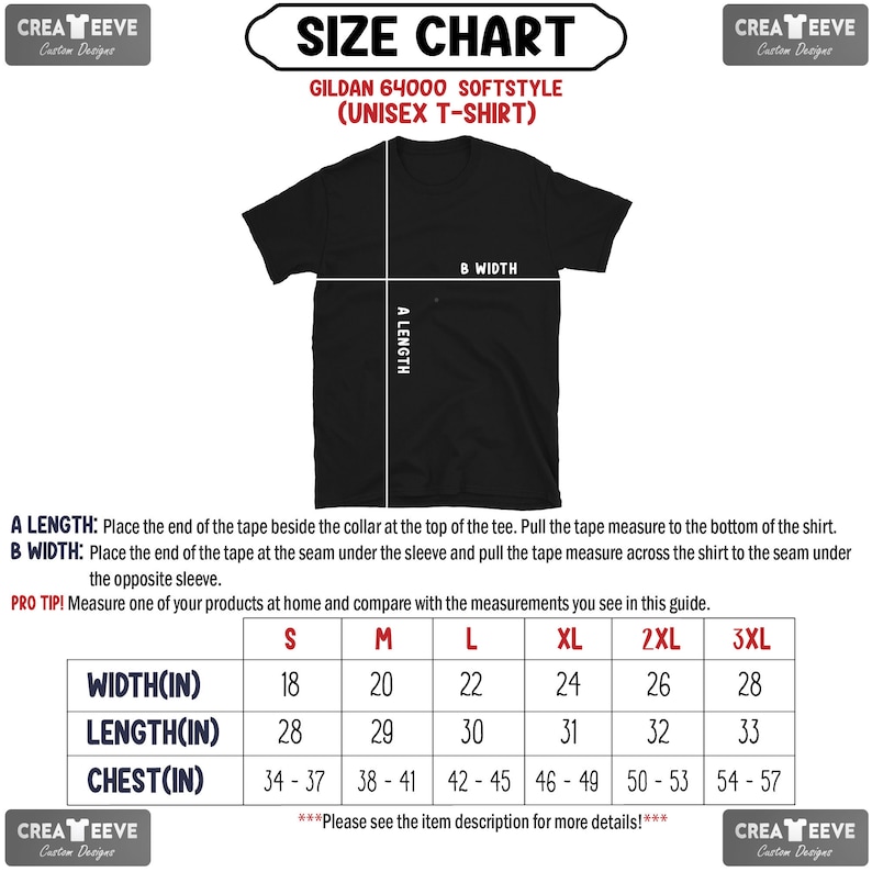 May include: Size chart for Gildan 64000 Softstyle unisex t-shirts. The chart shows measurements in inches for width, length, and chest for sizes S, M, L, XL, 2XL, and 3XL.