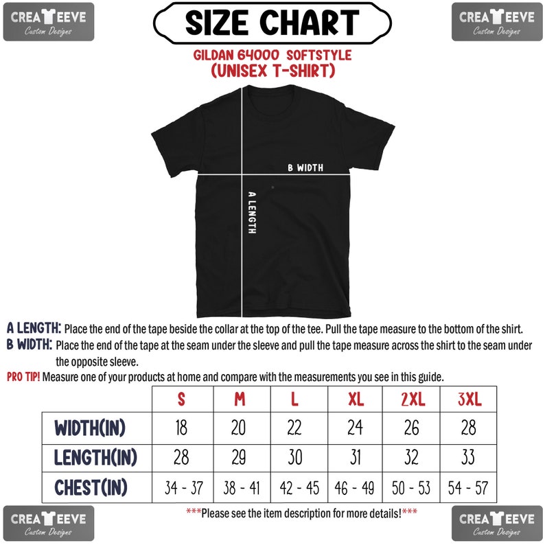 Pode incluir: Tabela de tamanhos para t-shirts unissex Gildan 64000 Softstyle. A tabela mostra as medidas em polegadas para largura, comprimento e peito para os tamanhos S, M, L, XL, 2XL e 3XL.