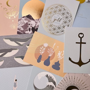 Set de cartes postales avec feuille d'or, à partir de 5 pièces, à assembler individuellement ! Montagnes, mer, plein air, planètes