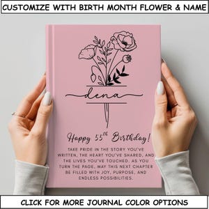 May include: A pink journal with a floral design and the name "dena" in script. The text "Happy 55th Birthday!" is below the name, along with an inspirational message. The journal cover also includes the text "CUSTOMIZE WITH BIRTH MONTH FLOWER & NAME".
