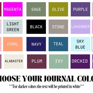 K&ouml;nnte beinhalten: Eine Farbkarte mit 20 verschiedenen Farbfeldern. Die Farben sind mit Namen wie Rotbraun, Magenta, Salbei, Oliv, Lila, Mauve, Flieder, Hellgr&uuml;n, Schwarz, Stein, Lavendel, Rouge, Pfirsich, Koralle, Marineblau, T&uuml;rkis, Himmelblau, Wei&szlig;, Chinesisch Violett, Alabaster, Pflaume, Efeu, Orchidee und Bl&uuml;te bezeichnet. Der Text unten lautet "W&auml;hlen Sie Ihre Journalfarbe" und "F&uuml;r dunklere Farben wird der Text in Wei&szlig; gedruckt."