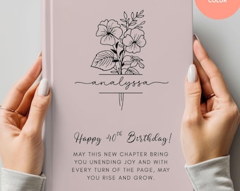 May include: A pink journal with a floral design and the name "analyssa" in script. The text "Happy 40th Birthday!" is below the name, along with a personalized message. The journal is customizable with name and color.