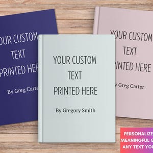 May include: Three hardcover books with a white background and black text. The text on the books reads "Your Custom Text Printed Here" and includes the author's name. The text at the bottom of the image reads "Personalized for a meaningful gift. Add any text you want."