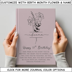May include: A personalized journal with a light pink cover, featuring a floral design and the name "ifeoma". The text reads "Happy 18th Birthday!" and includes a message. The journal is customizable with birth month flowers.