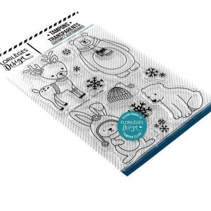 May include: Clear stamp set with winter animal illustrations. The set includes a reindeer, a polar bear, a bunny, a snowflake, and a hat. The stamps are designed for crafting and scrapbooking.