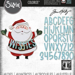 May include: A set of 48 die-cut alphabet letters and numbers in a light blue color with a white outline. The letters and numbers are in a whimsical font. The image also includes a Santa Claus holding a banner that says "Wishes". The image is from Sizzix and is part of the Thinlits Colorize collection.