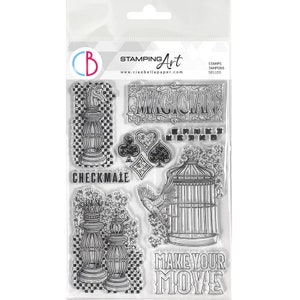 May include: Clear stamps with images of a bird in a cage, a chess piece, a playing card, and the words "Checkmate", "Make Your Move", and "Magician".