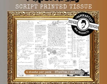 May include: Script printed tissue paper by PaperArtsy, featuring a vintage script design. The paper is framed in gold and includes the text "4 sheets per pack 30"x20"" and the words "collage. wax. sew."