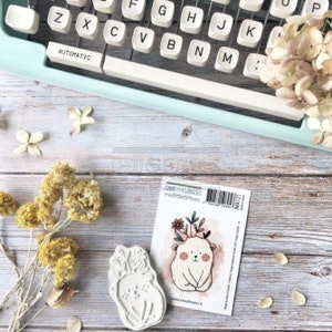 Chou and Flowers - BEAR DOUDOU CALIN with flowers stamp - 2.5 x 1.5 inch - collection voyage imaginaire
