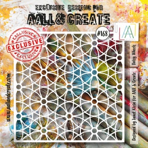 May include: A white stencil with a geometric circular pattern, labeled #168. The stencil is designed for AALL & Create. The background shows colorful paintbrushes and the text "EXCLUSIVE DESIGNS FOR AALL & CREATE".