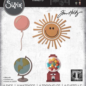 May include: A set of eight die-cut metal shapes for crafting. The shapes include a smiling sun, a globe, a gumball machine, a balloon, and a letter T. The dies are designed by Jim Holtz and are part of the Sizzix Thinlits collection.