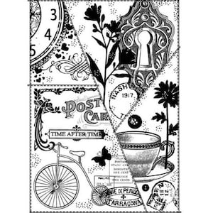 May include: Black and white digital collage featuring a vintage bicycle, a keyhole, a cup and saucer, a butterfly, a flower, and a postage stamp with the text "Post Car" and "Time After Time".