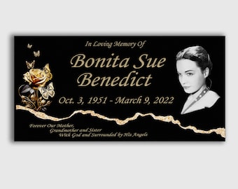 Personalized Memorial Black Granite Tombstone, Headstone with Custom Engraved Portrait and Text