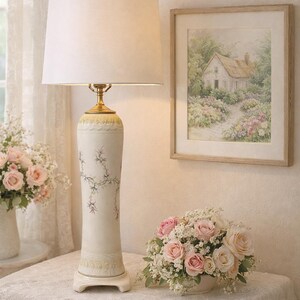 Vintage Pink & Celadon Green Column Table Lamp, 29" Inch | Mid Century USA Pottery | Flowering Vines | Cottage Traditional Lighting