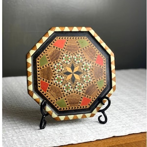 Mid Century Marquetry Geometric Hexagon Tray from Spain, Inlaid Lacquered Wood & Bone, Modernist Green Red Black Colorful Wood Tray