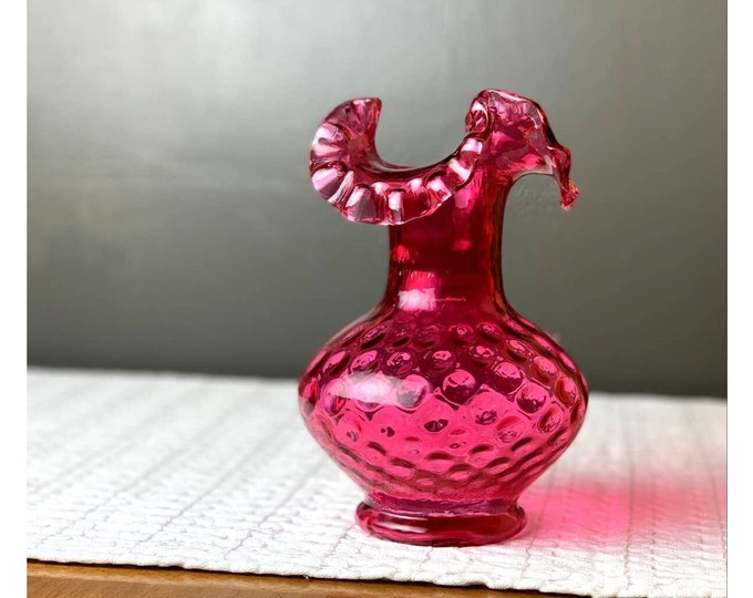 Mid Century Cranberry Glass Fluted 7 Vase Ruby Dot Optic by Fenton, Vintage American Art Glass