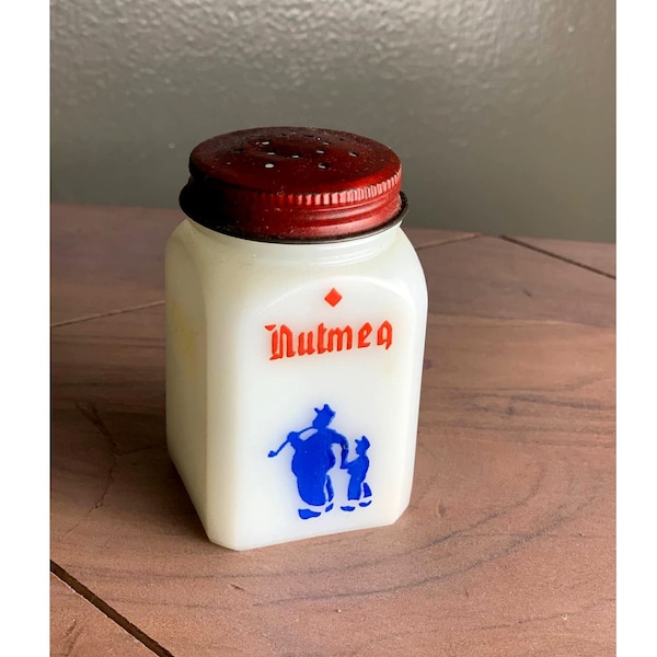 Depression Milk Glass NUTMEG Shaker by TIPP City USA, Blue Dutch Man & Boy, Mid Century Retro Spice Shaker