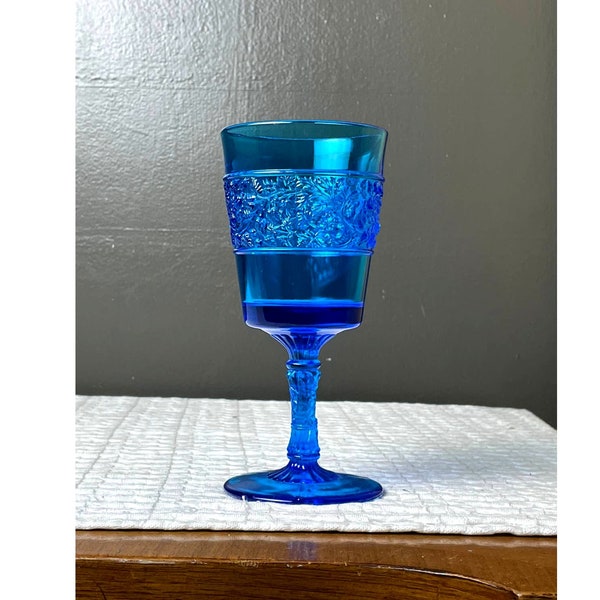 Vintage Fenton Water Goblet Flower Band Colonial Blue, Retro Mid Century Modern Turquoise Blue Color, Votive Candle Holder
