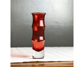 Bo Borgstrom for Aseda Glass, MCM Red Bamboo Swedish Scandinavian Art Glass Vase, Mid Century Modern 1960s Style