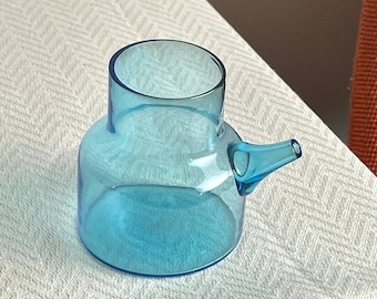 Scandinavian Modernist Art Glass Small Pitcher in Turquoise Blue, Mid Century Modern Holmgaard Style Hand Blown Glass Creamer