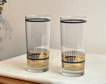 MCM Highball Cocktail Glasses Pair, Gold Overlay & Black Attributed to Culver, Mid Century Modern Vintage Barware Tumblers