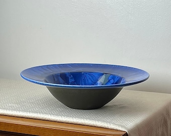 Modernist Cobalt Blue Crystalline Glazed Porcelain Low Profile Centerpiece Bowl, Studio Art Pottery by Wizard of Clay, Vintage 21st Century