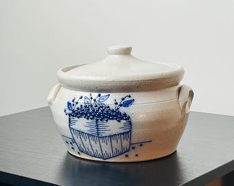 Salmon Falls Stoneware Lidded Pot | Blueberry Cobalt Blue Raised Pattern | Salt Glazed New England Farmhouse Kitchen Decor