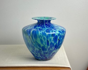Modernist Italian Art Glass Gourd Vase by Maestri Vetrai in Cobalt & Aquamarine Splatter Design, Hand Blown Italy Sculptural Statement Vase