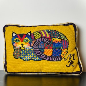 Vintage 1970s Needlepoint Cat Pillow | Colorful Kitschy Patchwork Pattern Cat Cushion | Retro Dopamine Decor