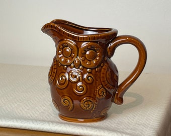 MCM Stoneware Kitschy Owl Jug in Brown Glaze, Mid Century Modern Vintage Pottery Ceramic Bird, Floral Pitcher Vase