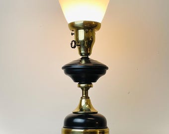 Vintage 1950s Colonial Revival Table Lamp | Mid Century Black & Brass Accent Lamp with Milk Glass Shade