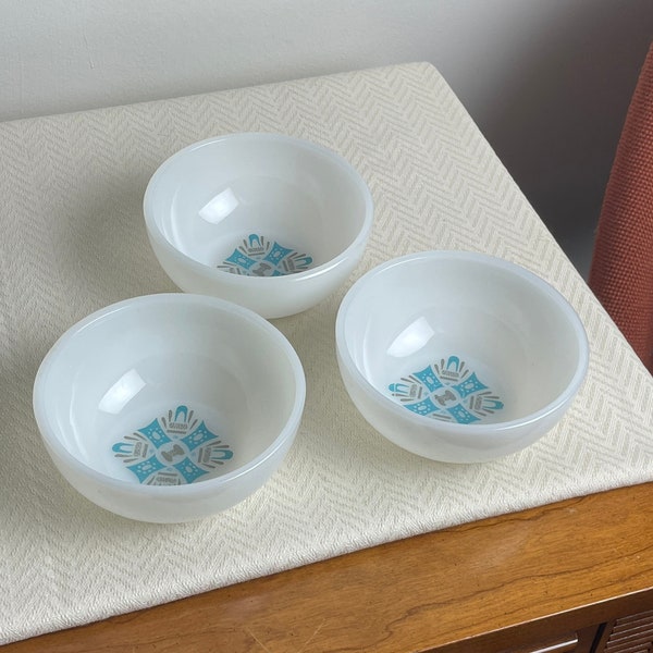 Retro Oven-to-Table Bowls Set 3, MCM Blue Heaven by Fire King for Royal USA, Mid Century Modern Condiment Bowls, Vintage Atomic Style