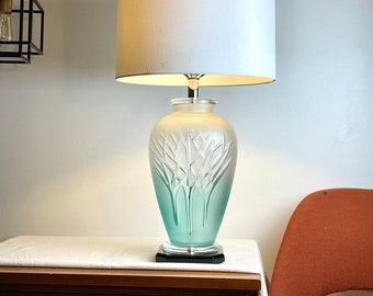 Modernist Table Lamp in Lucite & Cyan Ombre Satin Glass with Stark Trees, 1970s Vintage Art Deco Revival Artistic Accent Lighting