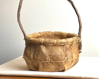 Vintage Coconut Husk Fiber Basket with Natural Vine Handle, Mid Century Unique Storage Basket