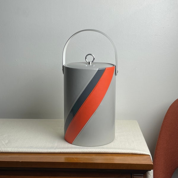 MCM Large Ice Bucket in Orange & Grey Vinyl Stripes by Georges Briard USA, Vintage Mid Century Modern Retro Barware