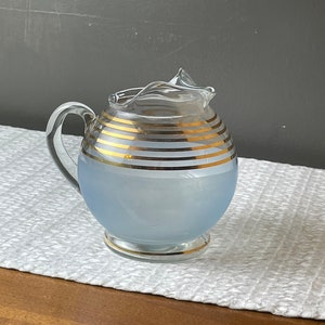 MCM Small Cocktail Ball Pitcher in Blue Satin Glass & Gold Gilded Stripes by West Virginia Glass, Vintage Mid Century Modern Barware Pitcher