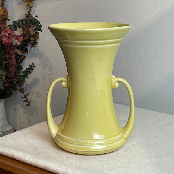 Art Deco Handled Trophy Style 9-Inch Vase by Abingdon Pottery USA, Vintage Mid Century Modern Retro Yellow Art Ceramic Vessel, McCoy Style