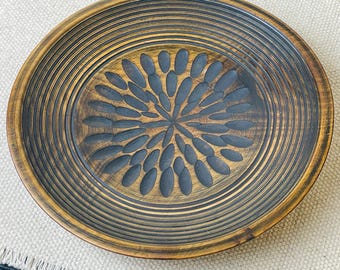 Vintage Carved Mango Wood Low Dish/Bowl with Radiating Petal Motif | Organic Modern Low Platter | Warm Boho Decor