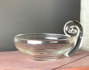 MCM Art Glass Bowl with Snail Handle, Hand Blown In the Style of Steuben Glass, Minimalist Clear Art Glass Bowl