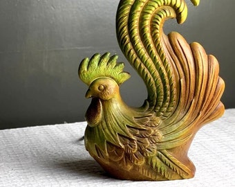 Mid Century Chalkware Rooster Lamp by Chapman Manufacturing, Retro Vintage Hen Decor, Green and Brown Hand Painted Lamp, Retro Farmhouse